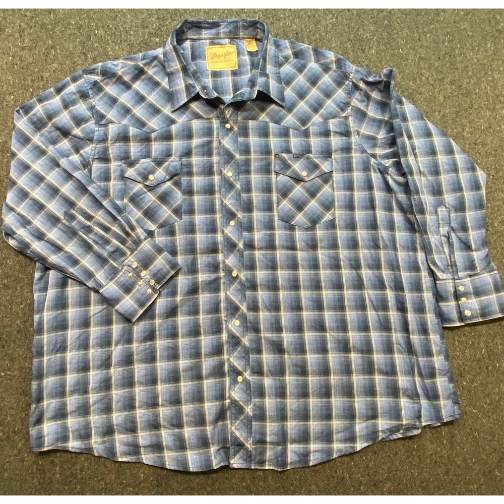 Wrangler Western Mens‎ 3XL Blue Plaid Pearl Snap Long Sleeve Shirt Big and Tall
